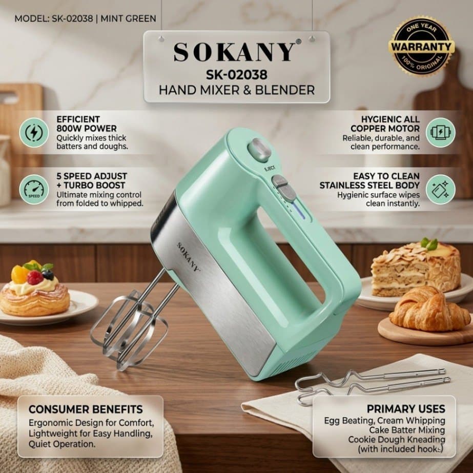 Sokany SK-02035 Hand Mixer & Blender – 5-Speed Control, Stainless Steel Beaters
